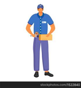 Post office male worker flat color vector illustration. Man packs parcels for sending. Post service delivery. Man in blue uniform isolated with stick tape cartoon character on white background