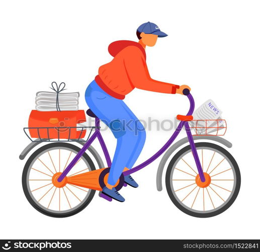Post office male worker flat color vector illustration. Young man distributes news. Post service bike delivery. Newspaper carrier. Paperboy on bicycle isolated cartoon character on white back