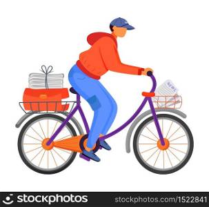 Post office male worker flat color vector illustration. Young man distributes news. Post service bike delivery. Newspaper carrier. Paperboy on bicycle isolated cartoon character on white back