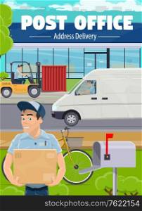 Post office, postman delivery and shipping service. Mailman driving a van, transporting container with forklift, postman putting parcel to mailbox. Delivery, postal logistics service vector. Post office, delivery service vector banner