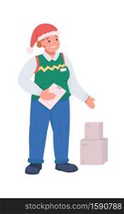 Post office worker on Christmas flat color vector character. Woman deliver box. Courier with parcels. Festive season order delivery isolated cartoon illustration for web graphic design and animation. Post office worker on Christmas flat color vector character