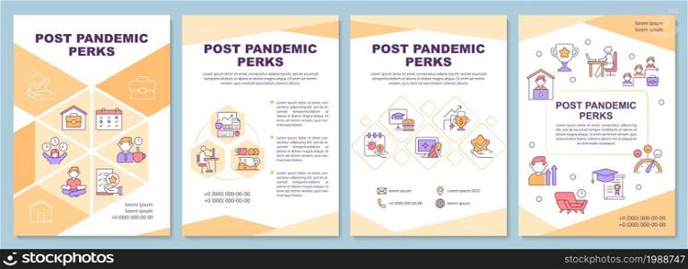 Post pandemic perks brochure template. Employees benefits. Flyer, booklet, leaflet print, cover design with linear icons. Vector layouts for presentation, annual reports, advertisement pages. Post pandemic perks brochure template