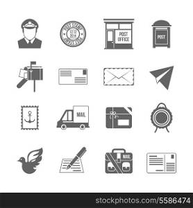 Post service icon black set with logistics shipping and packaging elements isolated vector illustration