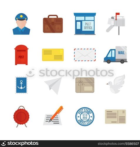 Post service icon flat set with delivery courier envelope and parcel packages isolated vector illustration