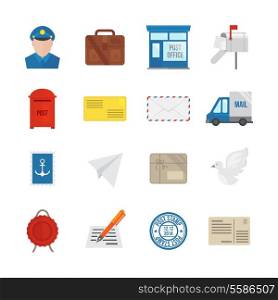 Post service icon flat set with delivery courier envelope and parcel packages isolated vector illustration