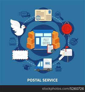 Post Service Round Design. Post service round design with boxes and letters transportation and delivery on blue background vector illustration