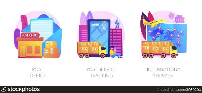 Post shipment system, online tracking app, letters and parcels delivery. Post office, post service tracking, international shipment metaphors. Vector isolated concept metaphor illustrations.. Post shipment system vector concept metaphors.