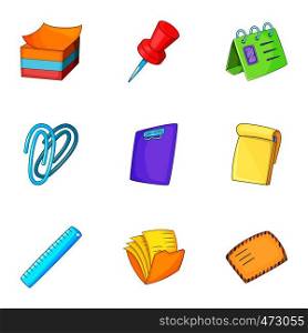 Post stationery icons set. Cartoon set of 9 post stationery vector icons for web isolated on white background. Post stationery icons set, cartoon style