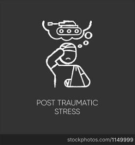 Post-traumatic stress chalk icon. Veteran with anxiety. Depressed soldier. Loneliness and sorrow. Distress thoughts of war. PTSD psychotherapy. Mental disorder. Isolated vector chalkboard illustration