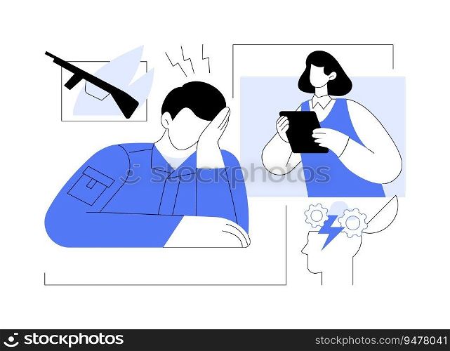 Post-traumatic stress disorder abstract concept vector illustration. Military talking with psychiatrist, war veterans mental disorders, post traumatic stress problem abstract metaphor.. Post-traumatic stress disorder abstract concept vector illustration.