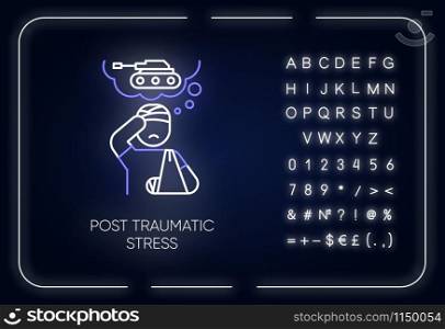 Post-traumatic stress neon light icon. Veteran with anxiety. Depressed soldier. PTSD psychotherapy. Mental disorder. Glowing sign with alphabet, numbers and symbols. Vector isolated illustration