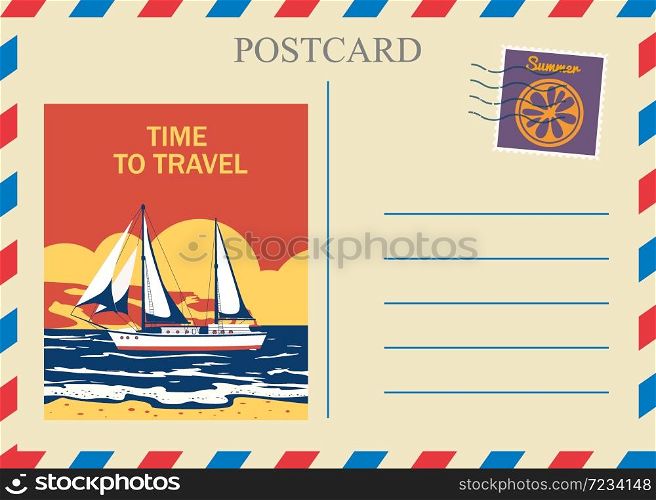 Postacrd summer vintage Sailboat ocean. Vacation travel design card with postage stamp. Postacrd summer vintage Sailboat ocean. Vacation travel design card with postage stamp. Vector illustration isolated template