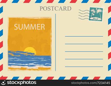 Postacrd summer vintage Sunset ocean. Vacation travel design card with postage stamp. Postacrd summer vintage sunset ocean. Vacation travel design card with postage stamp. Vector illustration isolated template