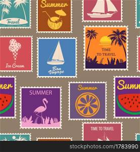 Postage st&s seamless pattern Summer vacation. Retro background signs travel exotic tour. Vector illustration background vintage style for wallpaper, wrapping paper, scrapbook. Postage st&s seamless pattern Summer vacation. Retro background signs travel exotic tour. Vector illustration background vintage style