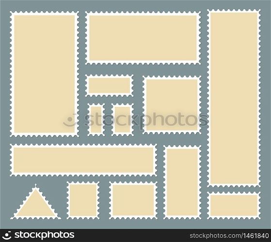 Postage stamp blank with perforated border. Paper postcard of square shape. Template mail postage for post delivery envelope, paper mark. Mockup post stamp. vector illustration eps10
