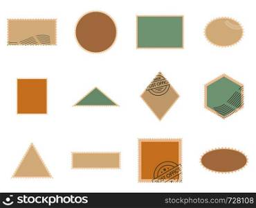 Postage stamp icons set. Flat illustration of 12 postage stamp vector icons isolated on white. Postage stamp icons set vector isolated