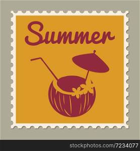 Postage stamp summer vacation Coconut cocktail. Retro vintage design. Postage stamp summer vacation Coconut cocktail. Retro vintage design vector illustration isolated