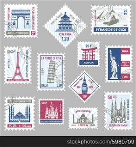 Postage stamps set with world famous landmarks isolated vector illustration. Postage Stamps Set