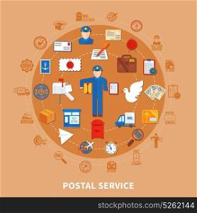 Postal Communication Round Design. Postal communication round design with employee and office correspondence and boxes transportation on beige background vector illustration