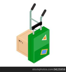 Postal delivery icon isometric vector. Hand cart with parcel and travel suitcase. Delivery concept. Postal delivery icon isometric vector. Hand cart with parcel and travel suitcase