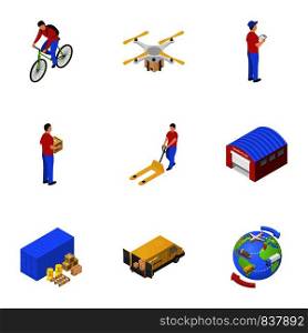 Postal delivery icons set. Isometric set of 9 postal delivery vector icons for web isolated on white background. Postal delivery icons set, isometric style