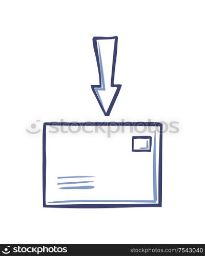 Postal envelope and arrow at top pointing on letter icons in line art sketch style vector illustration isolated. Mail message sign, correspondence symbol. Postal Envelope and Arrow at Top Pointing Letter