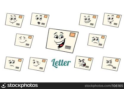 postal envelope letter emotions emoticons set isolated on white background. Comic book cartoon pop art illustration retro vector. postal envelope letter emotions emoticons set isolated on white