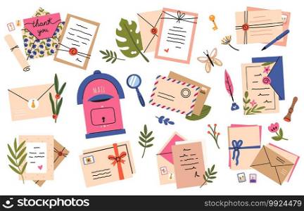 Postal envelopes and cards. Postcards, craft paper letters and cute post st&s, mail sending. Mail envelopes hand drawn vector illustration set. Beautiful cards with st&, invitation, certificate. Postal envelopes and cards. Postcards, craft paper letters and cute post st&s, mail sending. Mail envelopes hand drawn vector illustration set