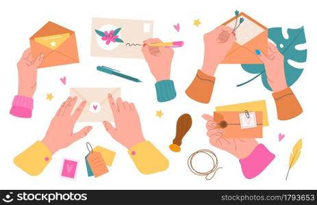 Postal envelopes with hands. Hand hold seal and sign post letters, put in messages dry plants, stick stamps, mail preparation. Cute romantic pink beige paper decor, vector cartoon flat isolated set. Postal envelopes with hands. Hand hold seal and sign post letters, put in messages dry plants, stick stamps, mail preparation. Romantic pink beige paper decor, vector cartoon isolated set