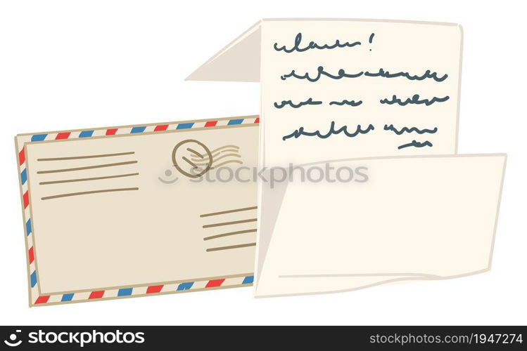 Postal letter and envelope, isolated paper with handwritten message to recipient. Express mailing, correspondence between people. Calligraphy writing on vintage grunge page. Vector in flat style. Vintage letter with handwritten message on paper