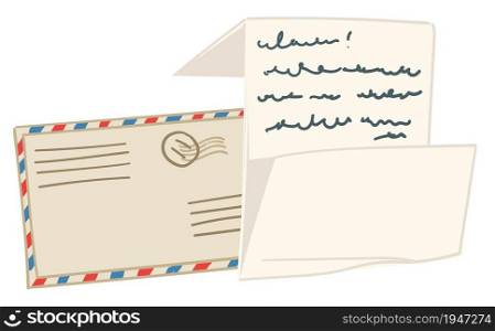 Postal letter and envelope, isolated paper with handwritten message to recipient. Express mailing, correspondence between people. Calligraphy writing on vintage grunge page. Vector in flat style. Vintage letter with handwritten message on paper