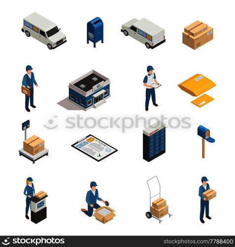 Postal mail shipping service isometric icons set with post office parcels mailman and postoffice box isolated vector illustration . Postal Service Isometric Icons Set 