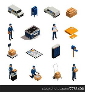 Postal mail shipping service isometric icons set with post office parcels mailman and postoffice box isolated vector illustration . Postal Service Isometric Icons Set 