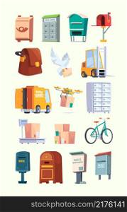 Postal office items. Mail service car letters postal box delivery packages garish vector flat illustrations. Delivery service, postal post shipping. Postal office items. Mail service car letters postal box delivery packages garish vector flat illustrations