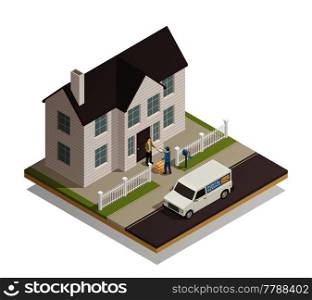Postal parcels delivery service isometric composition with postman handling customer package at residential townhouse door vector illustration . Postal Delivery Service Isometric Composition