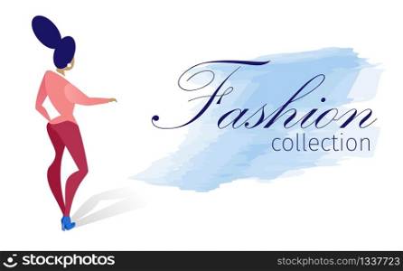 Postal Presentation Fashion Collection on White Background. Lettering Watercolor Brush Stroke. Playful Girl Leggings Posing Bent Leg at Knee Extends Hand Forward. Woman Wears Pearl Earrings.