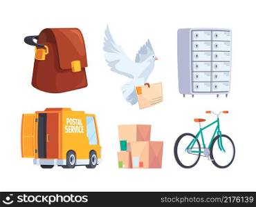 Postal service. Mailbox letters postal communication items hot newspaper service car garish vector illustrations collection in flat style. Mailbox and delivery, envelope mail. Postal service. Mailbox letters postal communication items hot newspaper service car garish vector illustrations collection in flat style