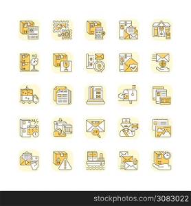Postal services yellow RGB color icons set. Express mail delivery and parcels distribution business. Transportation industry, post office. Isolated vector illustrations. Postal services yellow RGB color icons set