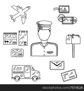 Postal sketch icons around a postman with postage stamps and letterbox, packages and van, airplane and letters. Postman profession concept. Postman and shipping sketch icons