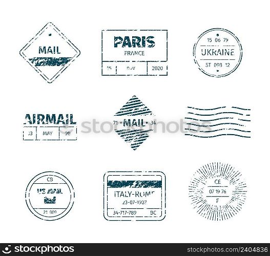 Postal st&. Grunge post templates vintage blank tags stripped lines marks textures garish vector st&. Blank imprint rectangle delivery for envelope illustration. Postal st&. Grunge post templates vintage blank tags stripped lines marks textures garish vector st&