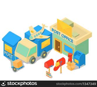 Postal station concept banner. Isometric banner of postal station vector concept for web, giftcard and postcard. Postal station concept banner, isometric style