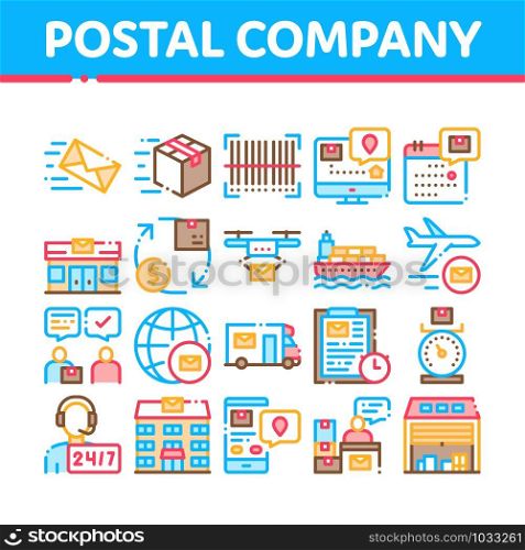 Postal Transportation Company Icons Set Vector Thin Line. Hotline Support And Postal Building, Ship And Airplane, Drone Delivery And Truck Concept Linear Pictograms. Monochrome Contour Illustrations. Postal Transportation Company Icons Set Vector