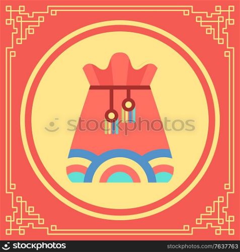 Postcard decorated by colorful fortune bag in circle shape and frame in yellow color. Festive card with sack, pocket with cords, purchase symbol in flat design style, lucky present, celebration vector. Festive Card with Bag, Pocket with Cords Vector