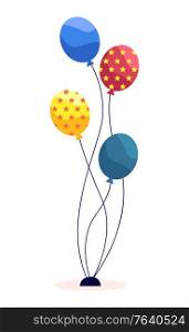 Postcard decorated by colorful helium balloons with string. Flying rubber celebration symbol on white. Give present or element of entertainment. Holiday greeting card air-balloon with pattern vector. Holiday Greeting with Colorful Balloons Vector
