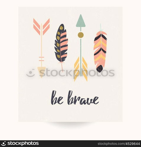 Postcard design with inspirational quote and bohemian colorful feathers, vector illustration