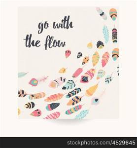 Postcard design with inspirational quote and bohemian colorful feathers, vector illustration