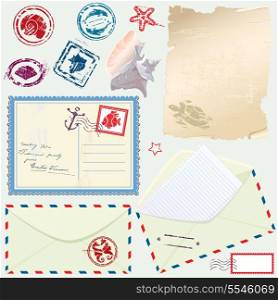 Postcard, envelope and paper with Retro nautical Stamps - for design and scrapbook