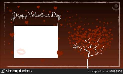 Postcard for Valentine&rsquo;s Day in brown with a frame. A tree with balloons in the shape of hearts instead of leaves. A copy space with the imprint of female lips hanging on the ropes. Vector illustration.