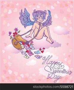 Postcard for Valentine`s Day with funny angel - postman