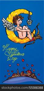 Postcard for Valentine`s Day with funny angel with bow and arrows on moon